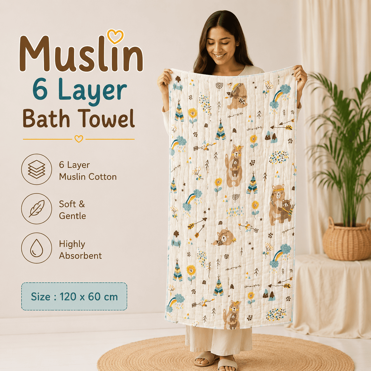 Muslin 6 Layer Bath Towel- Boho Bear