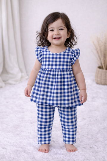 Frock with Pant Co-ord Set - Blue White Checked