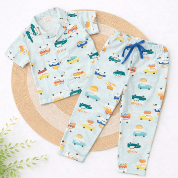 Half Sleeve Kids Night Suit -  Light Blue Car Print