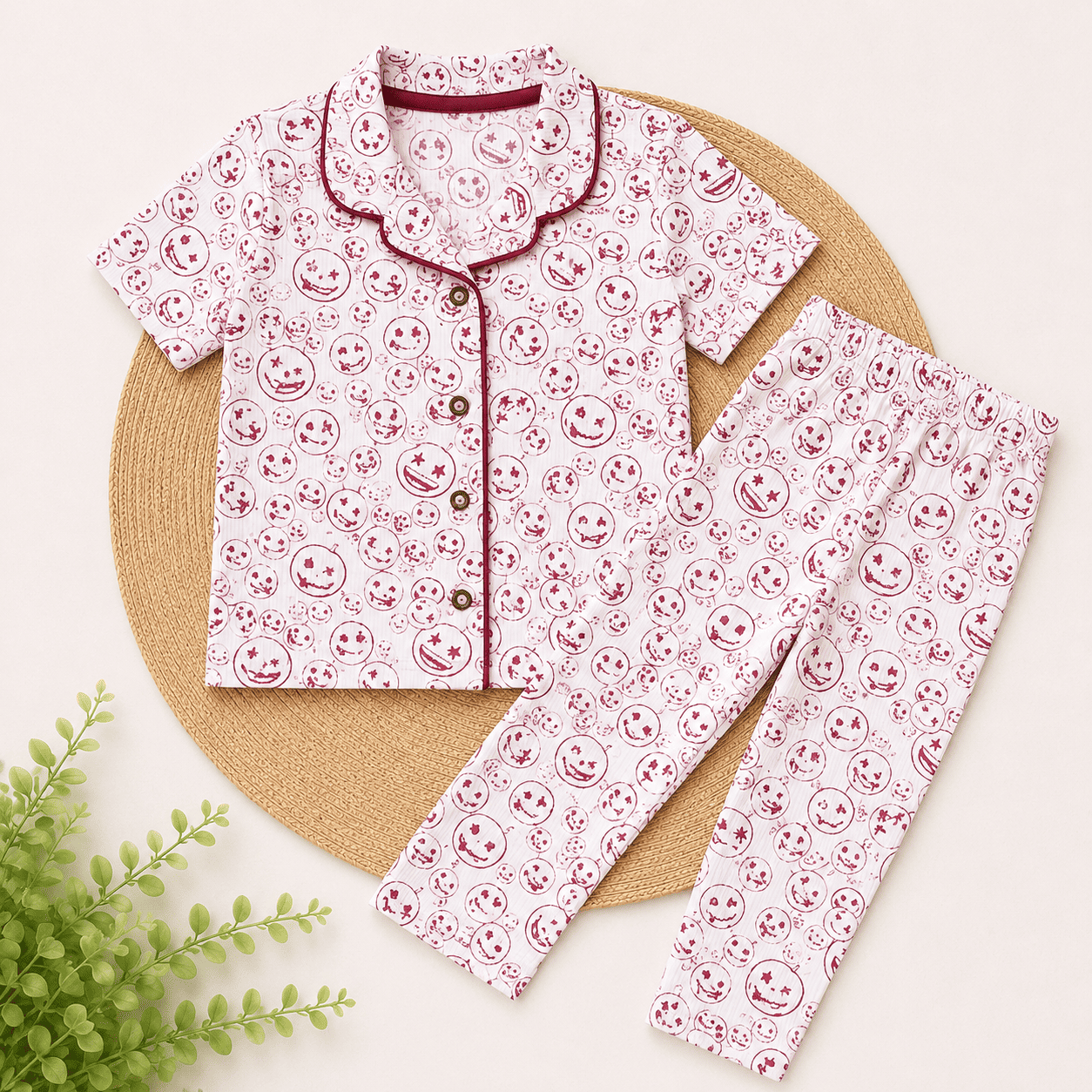 Half Sleeve Kids Night Suit - White Smiley