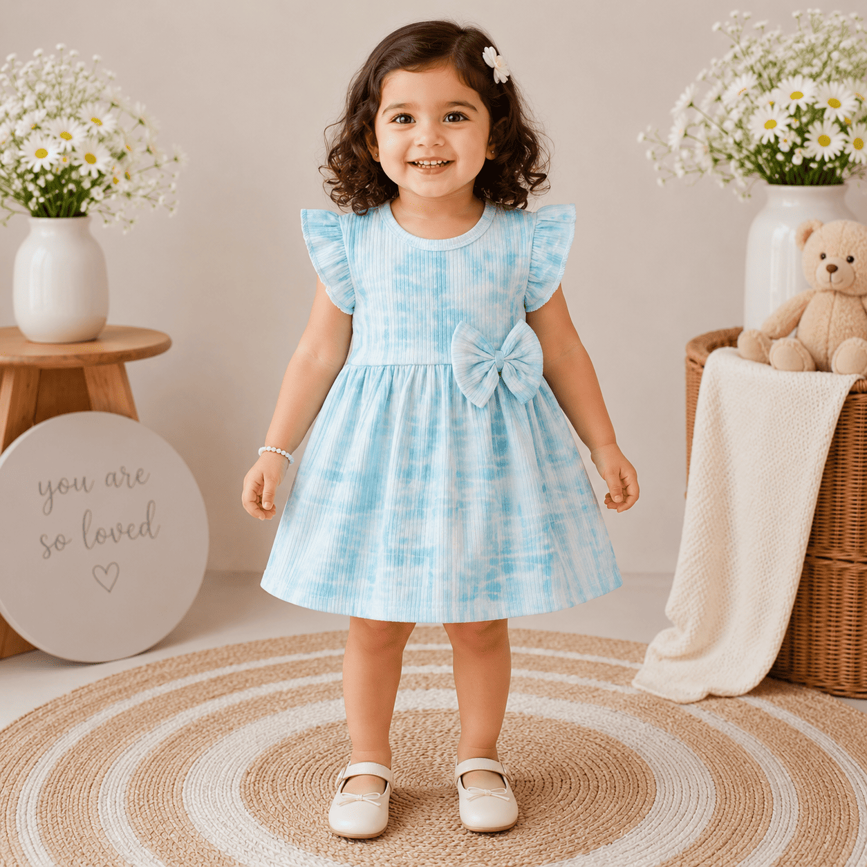 Frill Sleeve Frock - Blue with White
