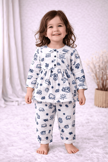 Muslin Girls Co-ords Set - White Doodle Prints