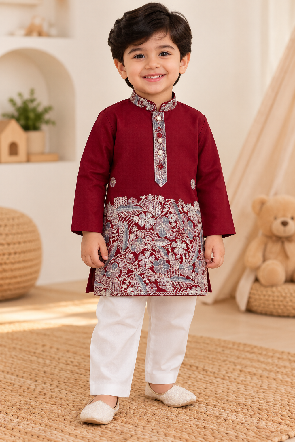 Premium Silk Embroidery Kurta Set - Red