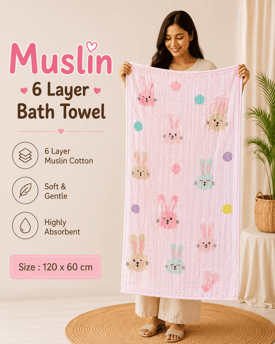 Muslin 6 Layer Bath Towel- Bunny