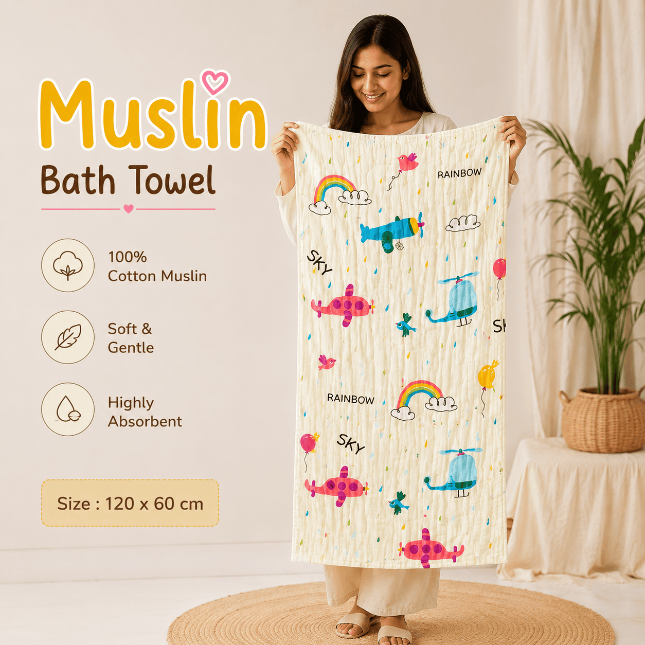 Muslin 6 Layer Bath Towel- Helicopter