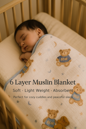 Muslin Receiving Blanket - Blue Border with Teddy Bear 100*100 cm