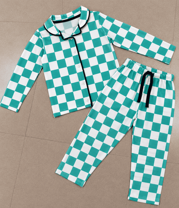 Premium Full Sleeve Night Suit - Green with White Checked
