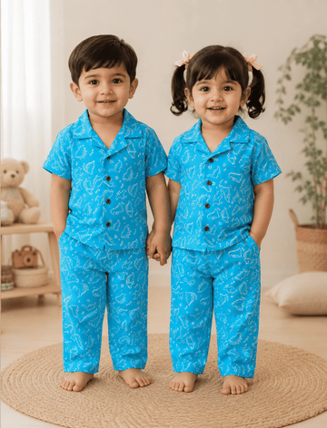 Half Sleeve Kids Night Suit Pure Cotton - Blue Dinosaur