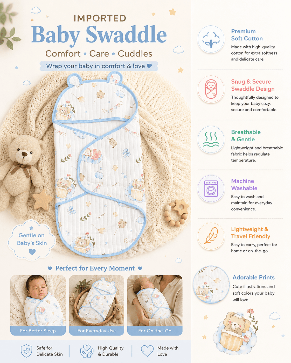 Velcro Swaddle - Blue Border
