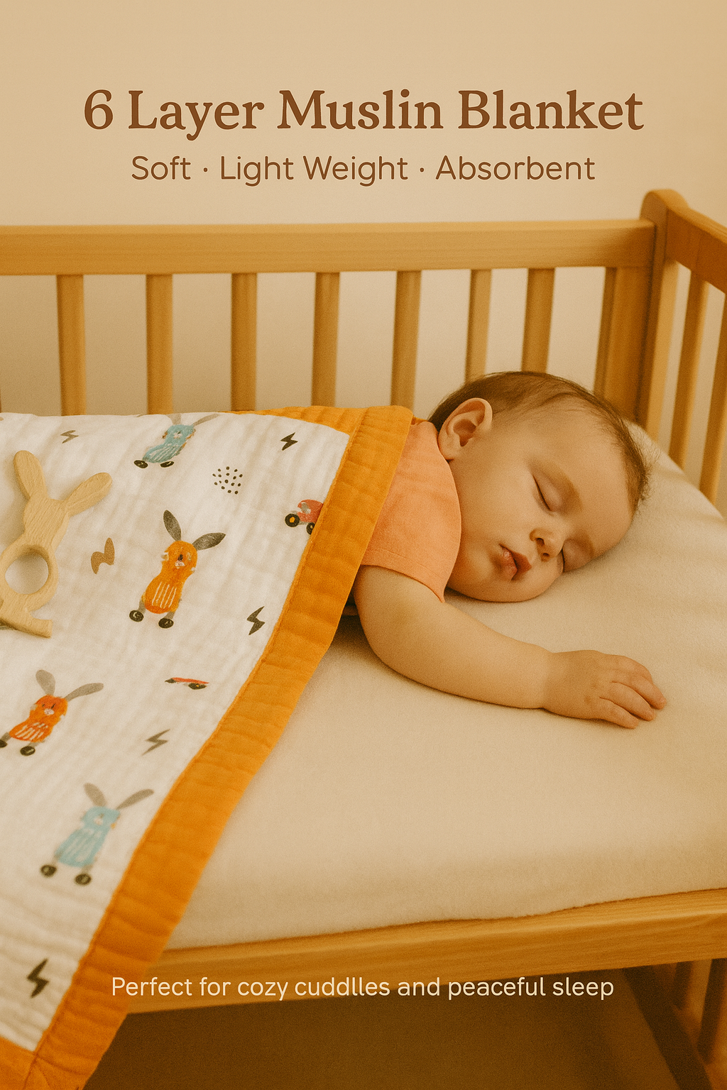 Muslin Receiving Blanket - Orange Border with Rabbit 100*100cm