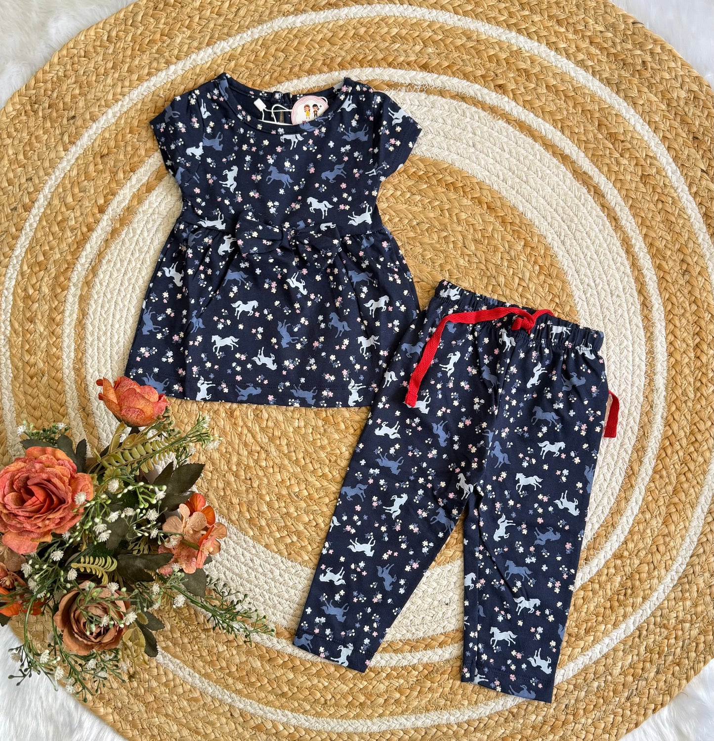 Frock with Pant Co-ord Set - Navy Blue Horse