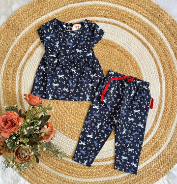 Frock with Pant Co-ord Set - Navy Blue Horse
