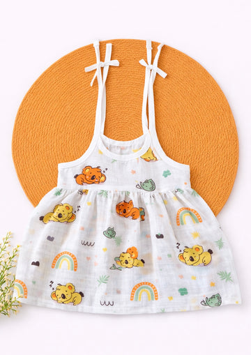 Muslin Knot Frock- Animal with Rainbow