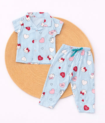 Half Sleeve Kids Night Suit -Blue kitty’s