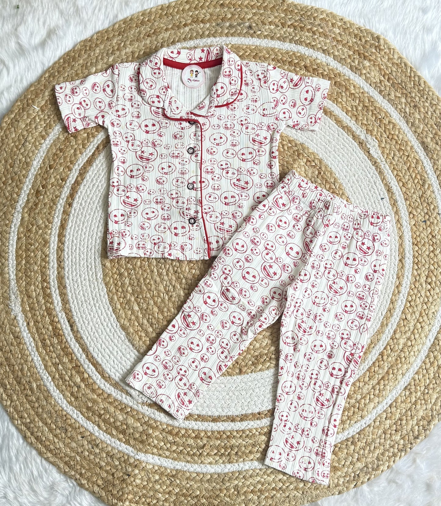 Half Sleeve Kids Night Suit - White Smiley
