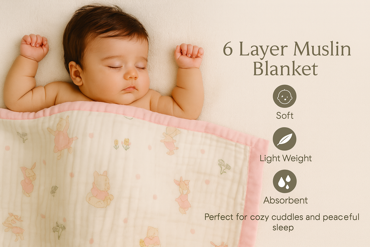 Muslin Received Blanket - Pink Border with Rabbit 100*100 cm