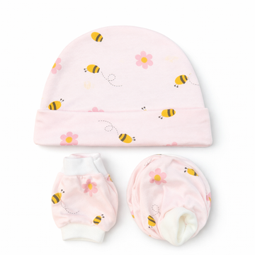 Cap, Mitten & Bootie Set - Bee Print