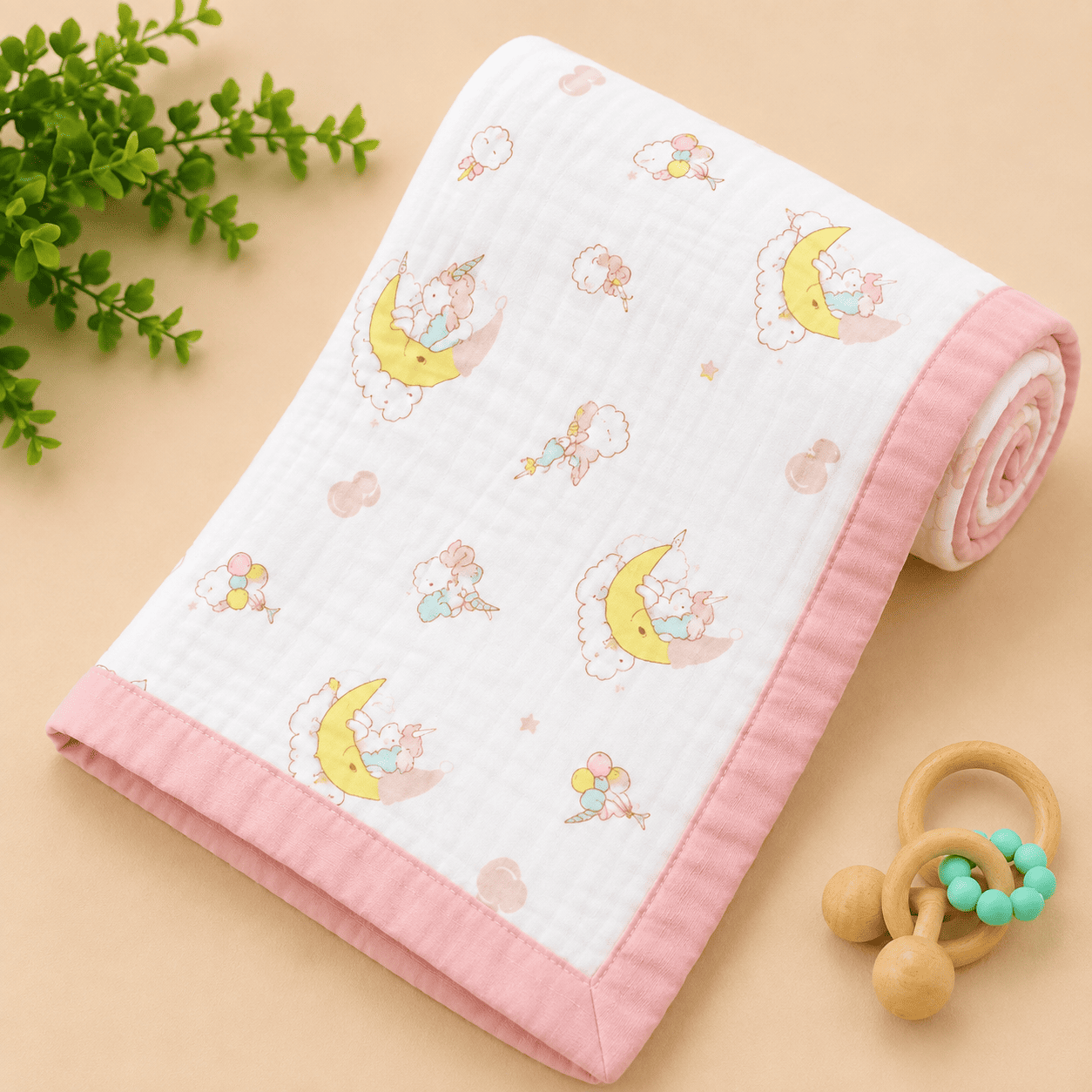Muslin Receiving Blanket - Pink Bunny Moon