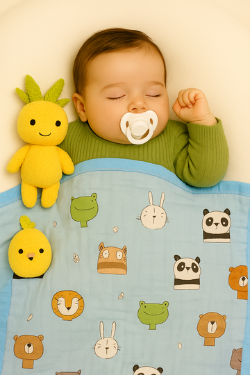 Muslin Receiving Blanket - Blue Border with Animals 110*110 cm