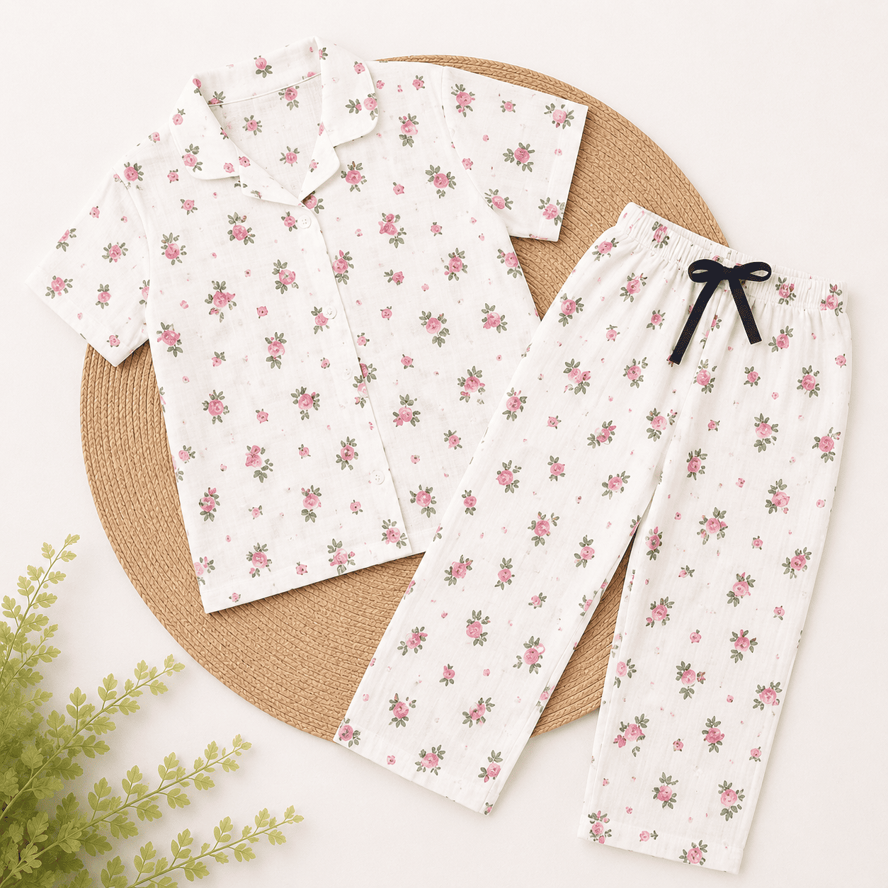 Half Sleeve Kids Night Suit Pure Cotton - White Flower
