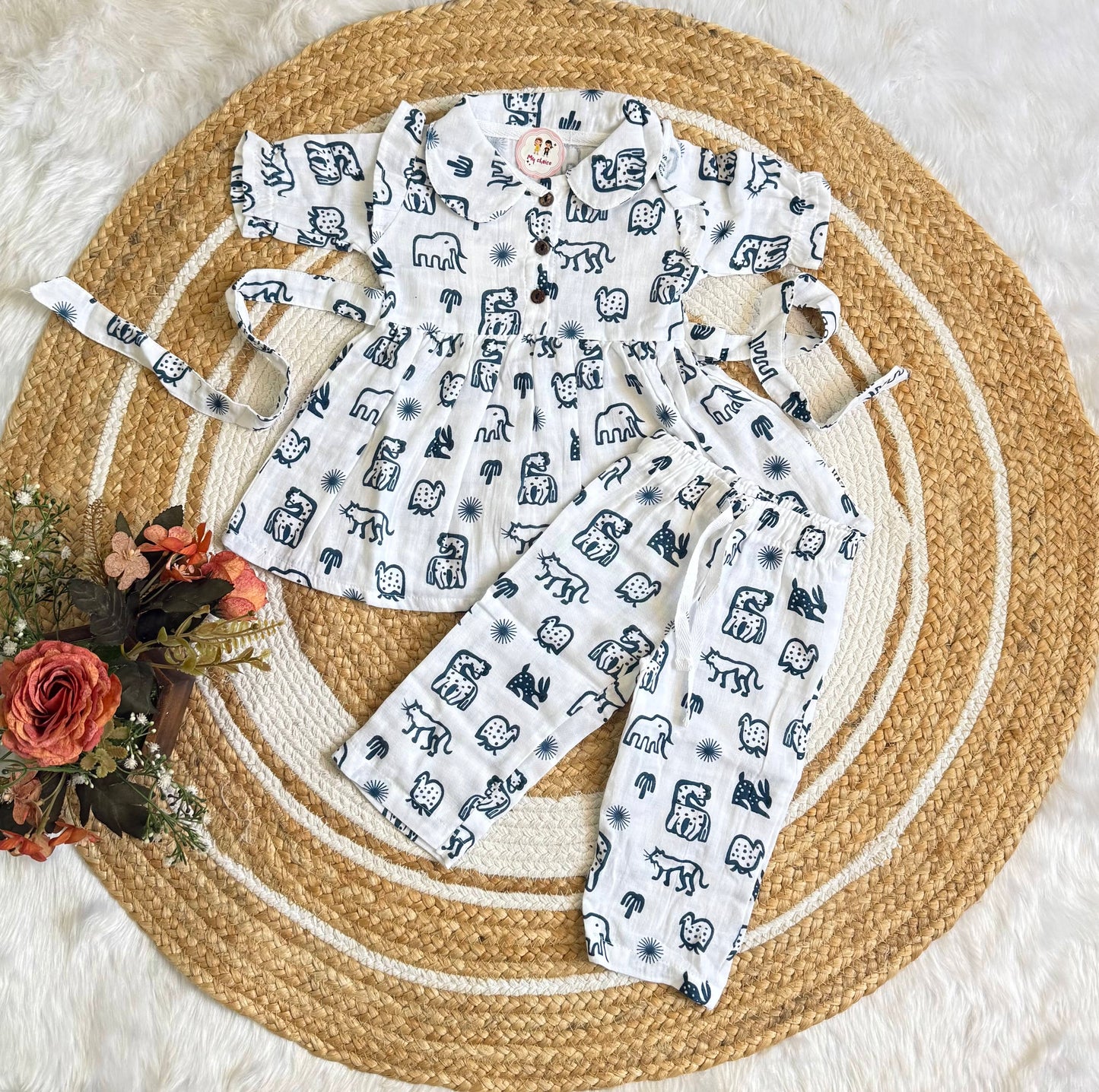 Muslin Girls Co-ords Set - White Doodle Prints