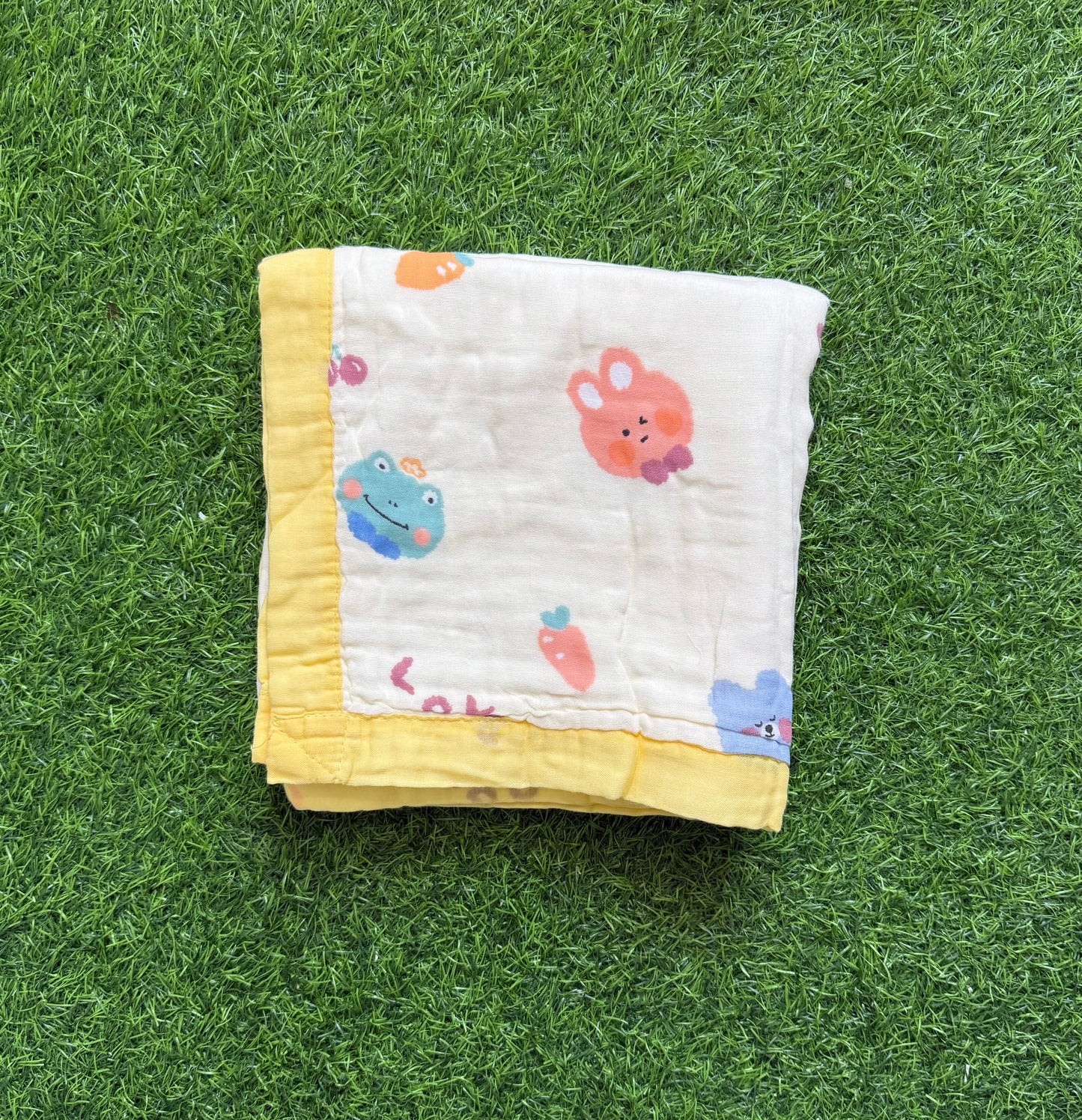Muslin Receiving Blanket - Yellow Border with Rabbit and Carrot 110*110 cm