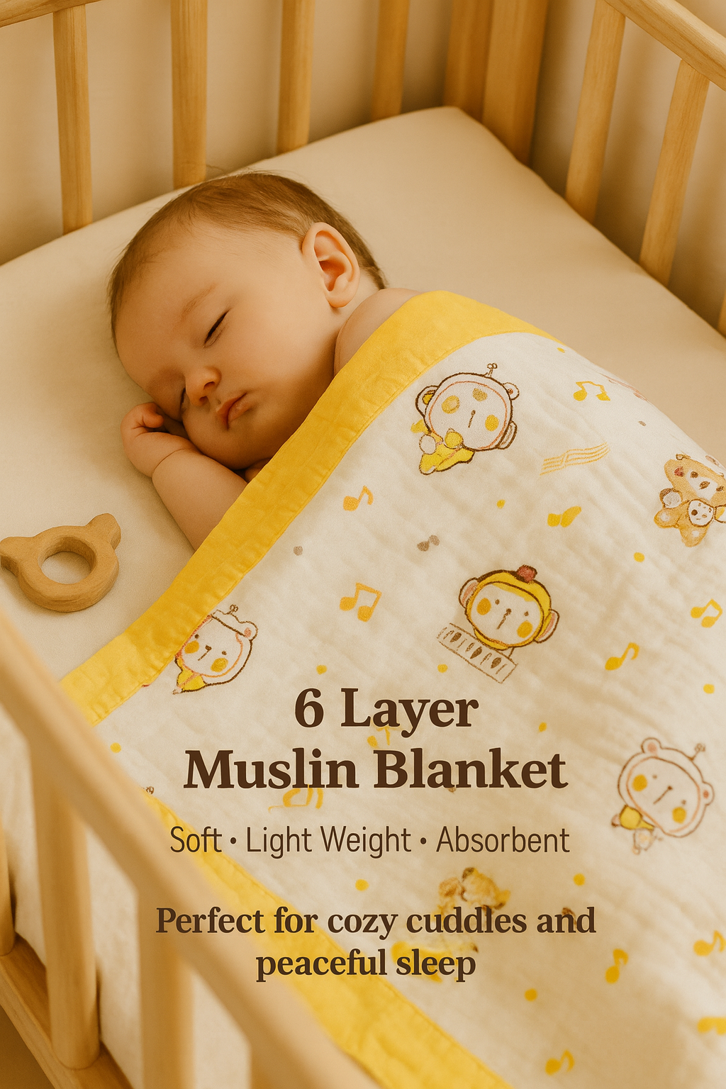 Muslin Receiving Blanket - Yellow Border with Music Theme 100*100 cm