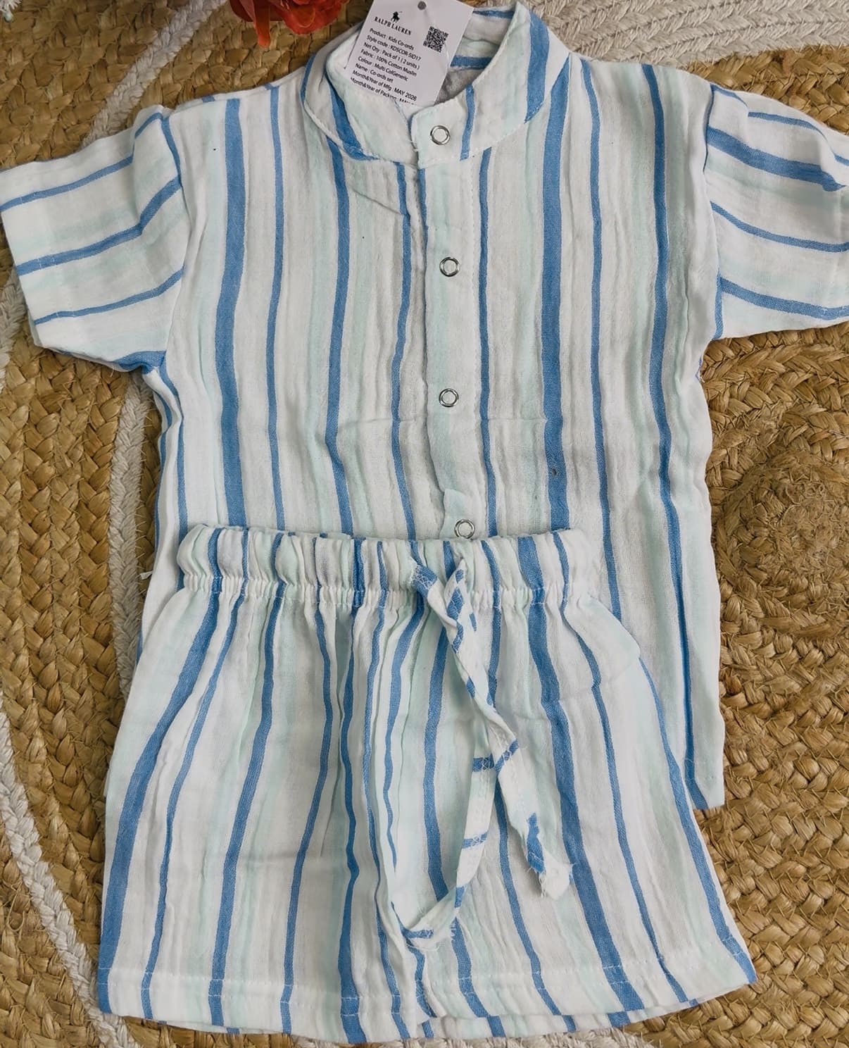 Premium Muslin Co-Ord Set - White Blue Stripes