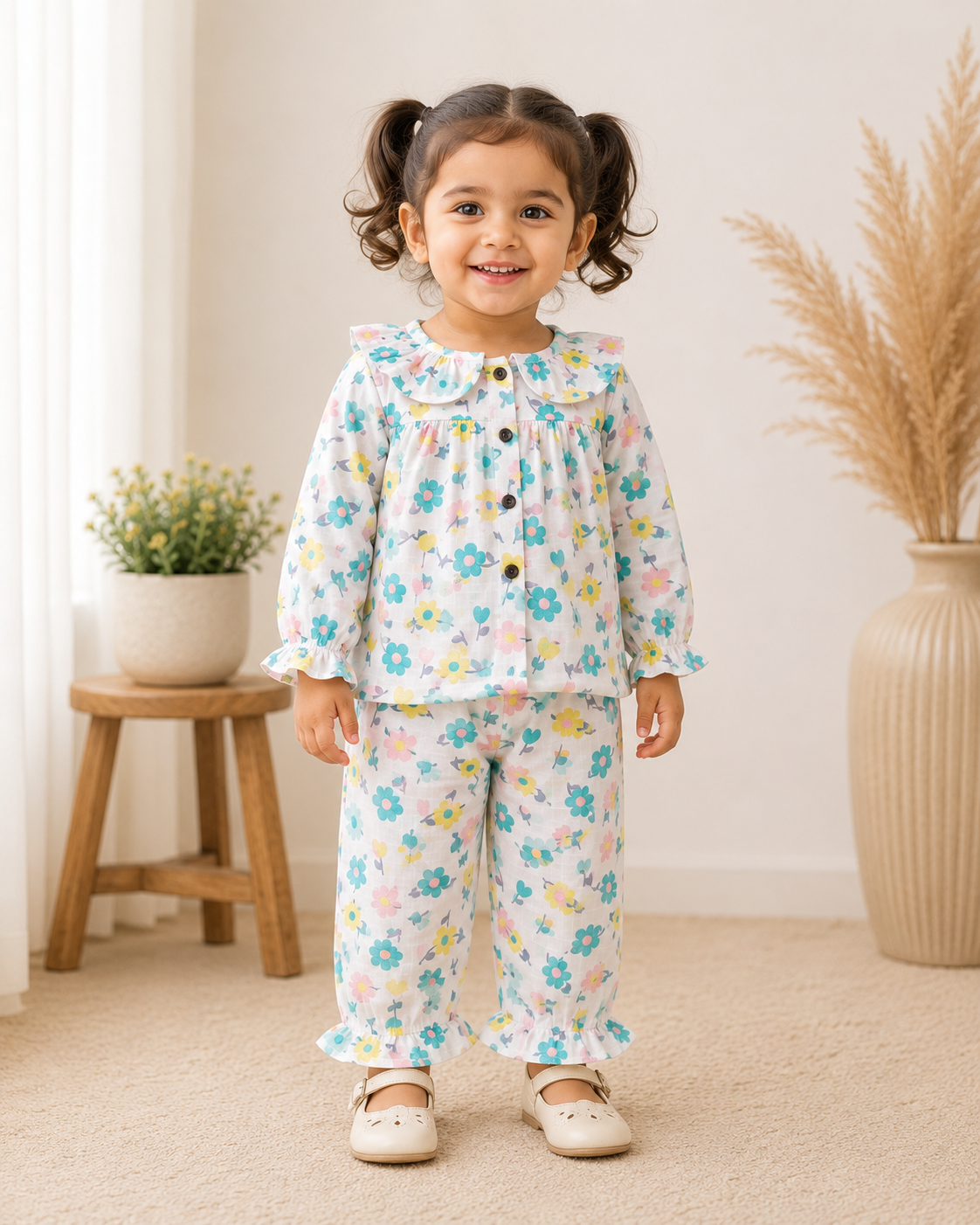 Girls Ruffle Neck Muslin Set