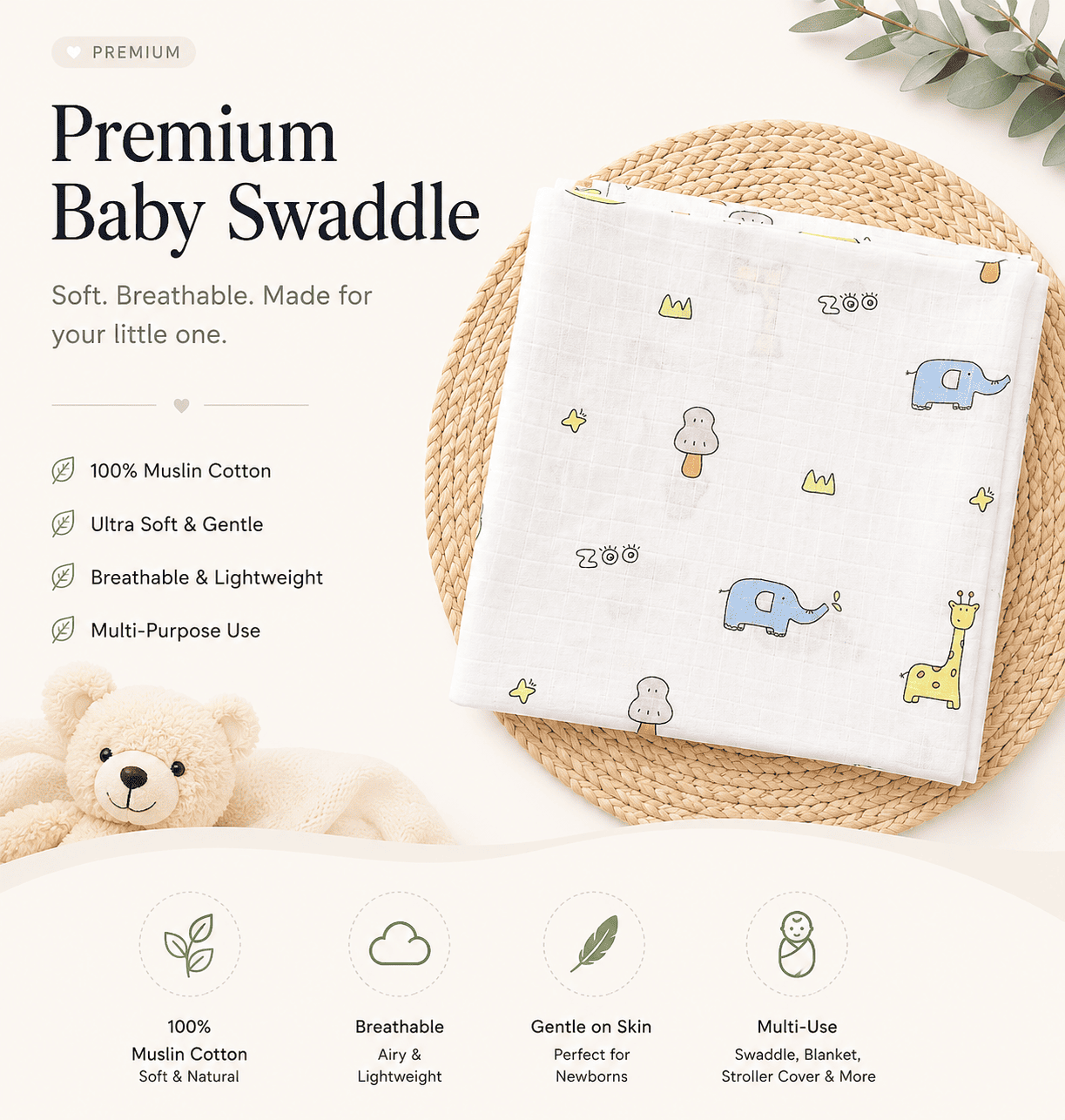 Premium Muslin Swaddle - Off White Elephant