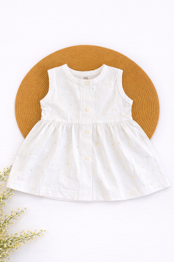 Button Frock - White Colourful Snow