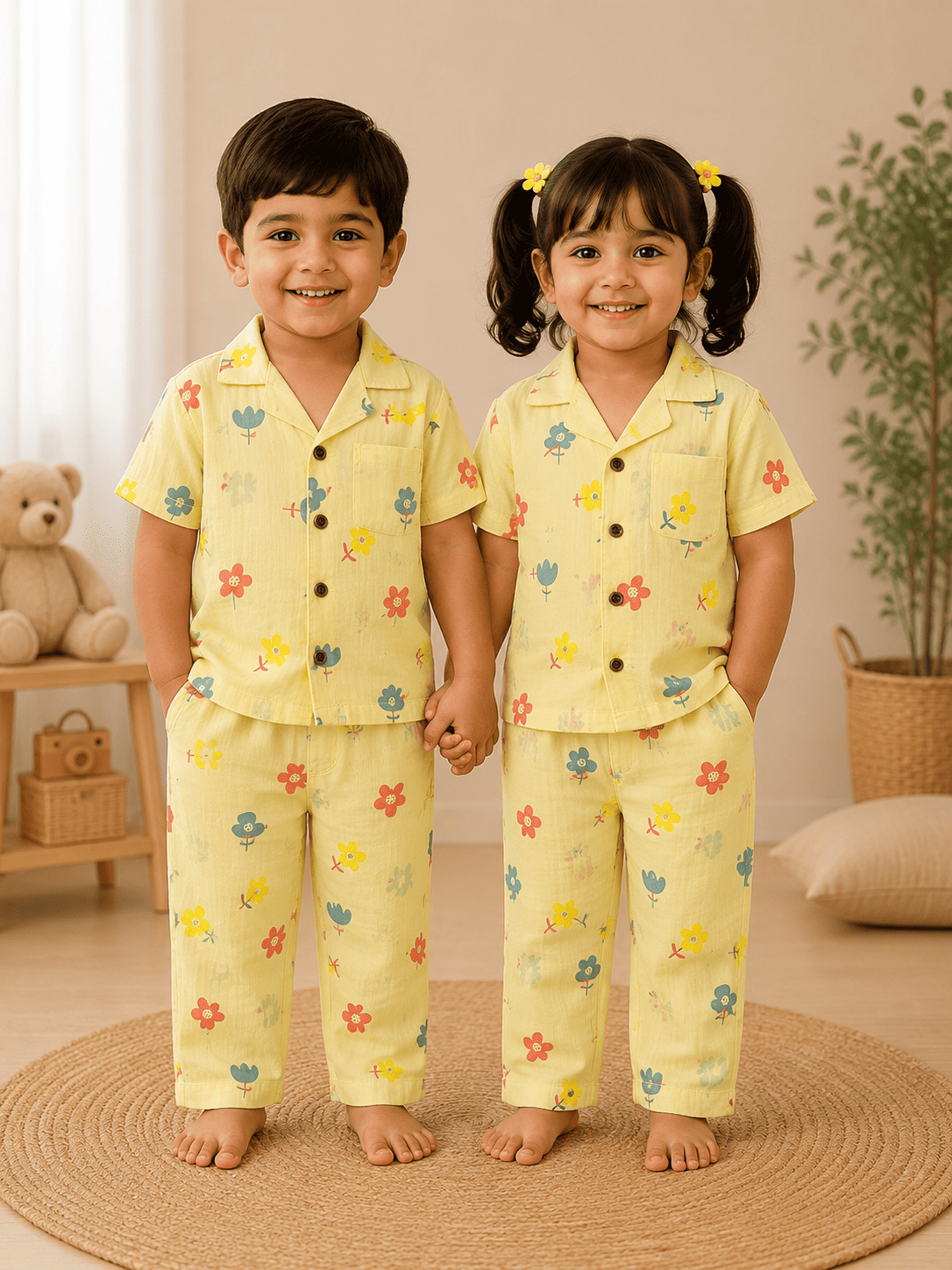 Half Sleeve Kids Night Suit Pure Cotton - Yellow Flower