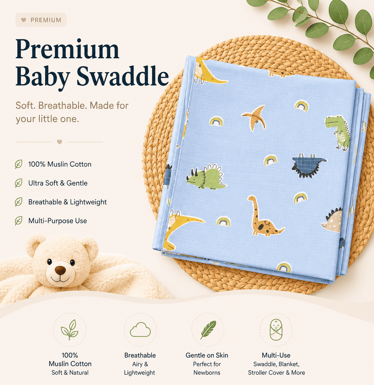 Premium Muslin Swaddle - Blue Colour Dinosaur