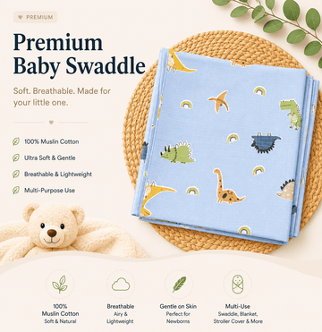 Premium Muslin Swaddle - Blue Colour Dinosaur