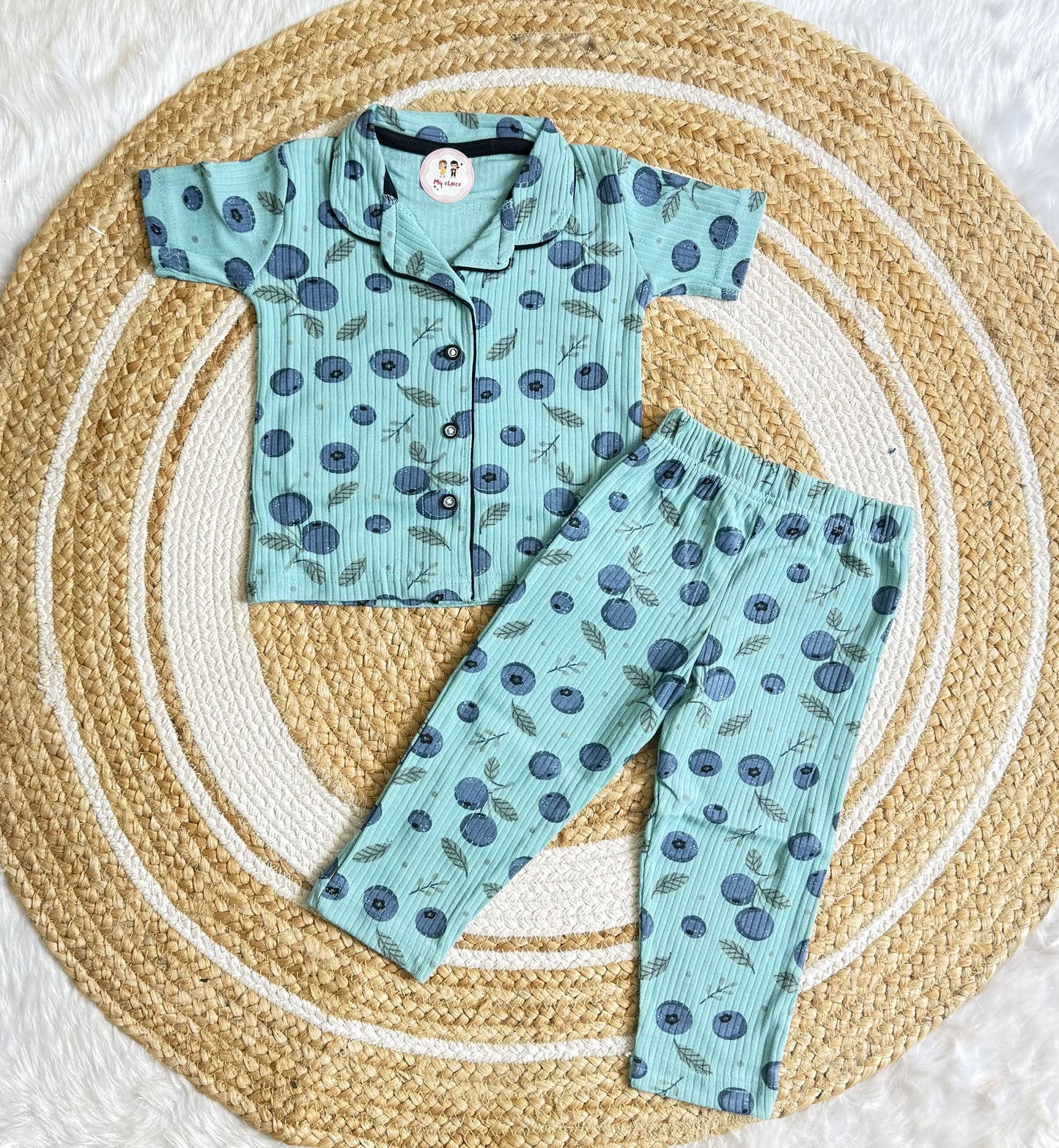 Half Sleeve Kids Night Suit -     Mint Green Blueberry Print