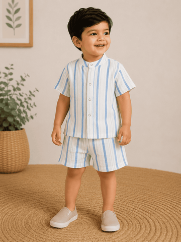 Premium Muslin Co-Ord Set - White Blue Stripes