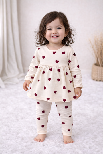 Frock with Legging Co-ord Set Infant - White Brown Heart