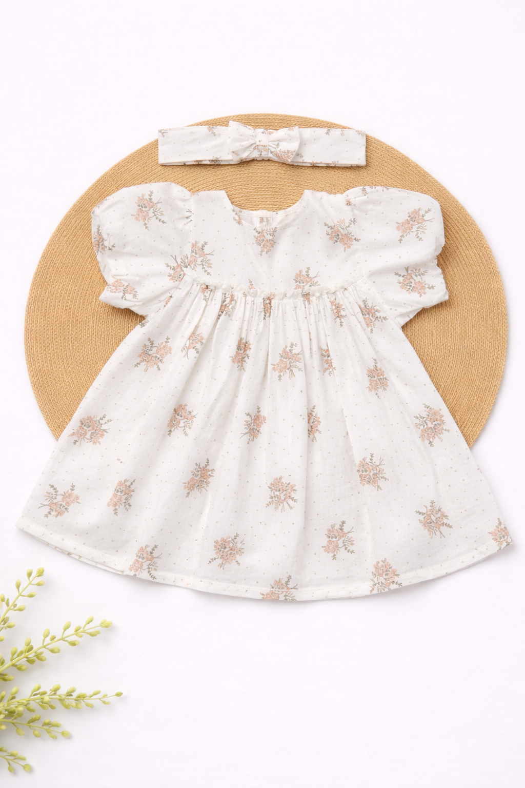 Muslin Frock with Headband- Pink Flower with Dot
