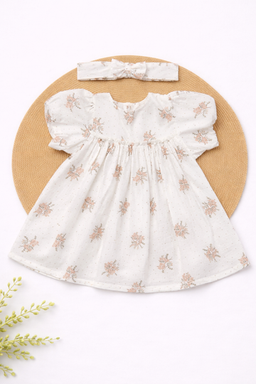 Muslin Frock with Headband- Pink Flower with Dot