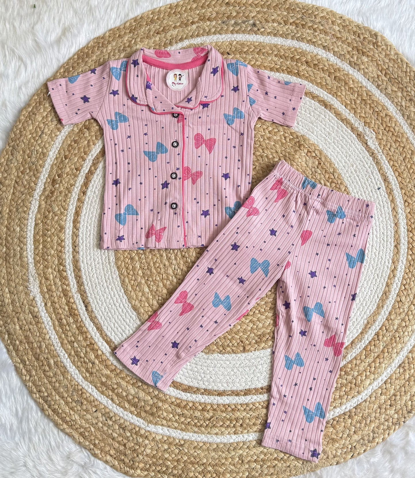 Half Sleeve Kids Night Suit - Pink Bow