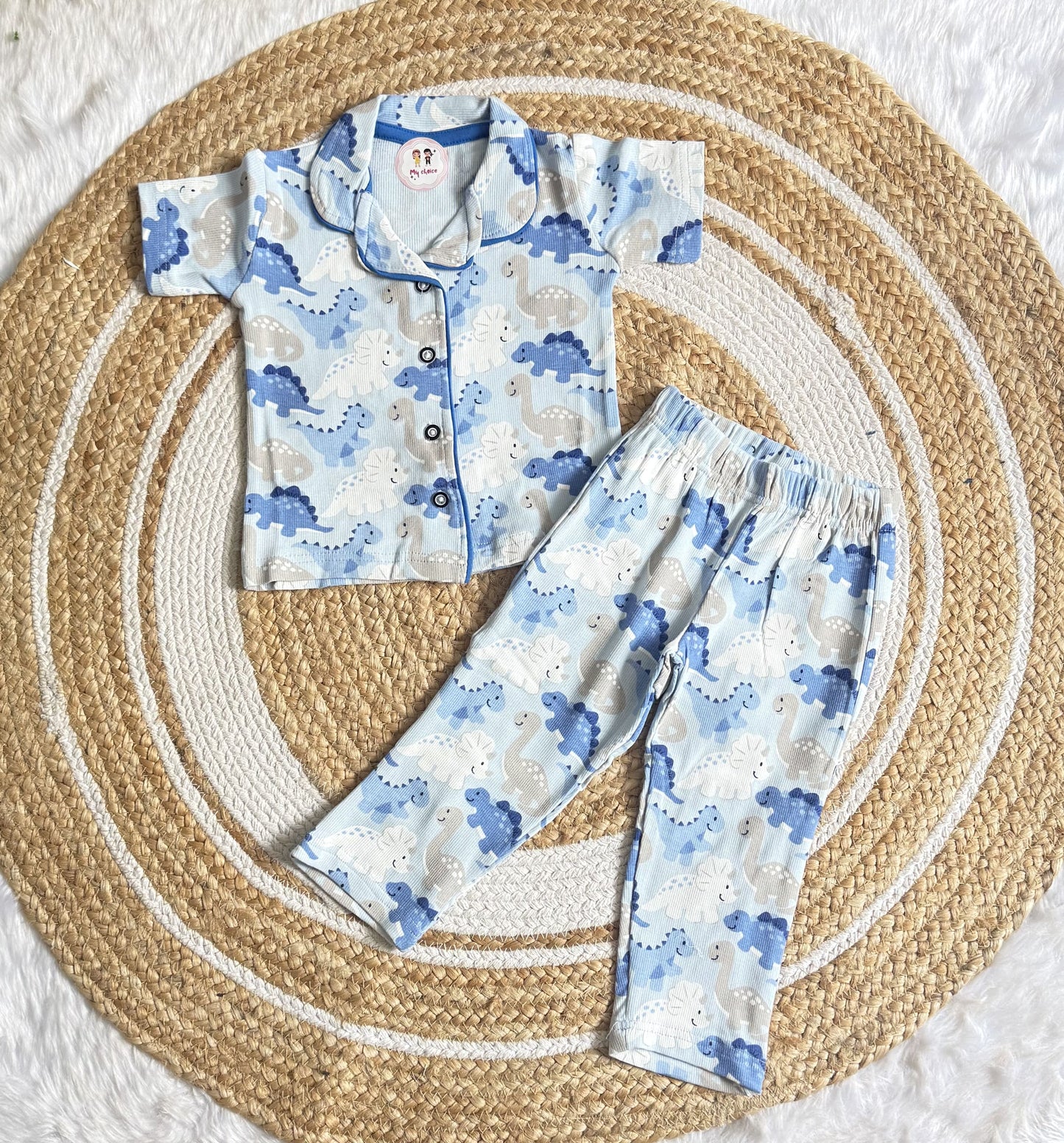 Half Sleeve Kids Night Suit - Blue Dinosaur