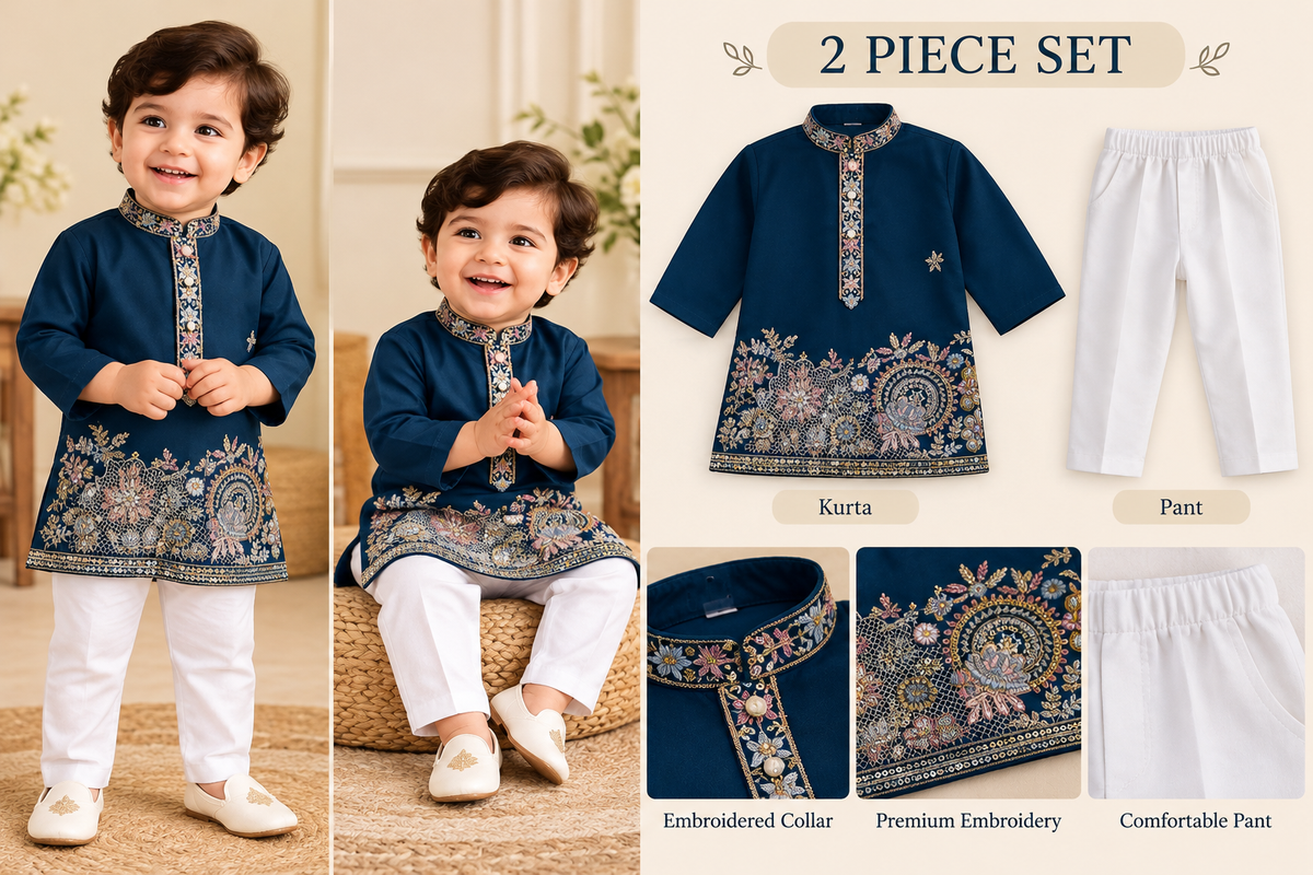 Premium Silk Embroidery Kurta Set - Navy Blue