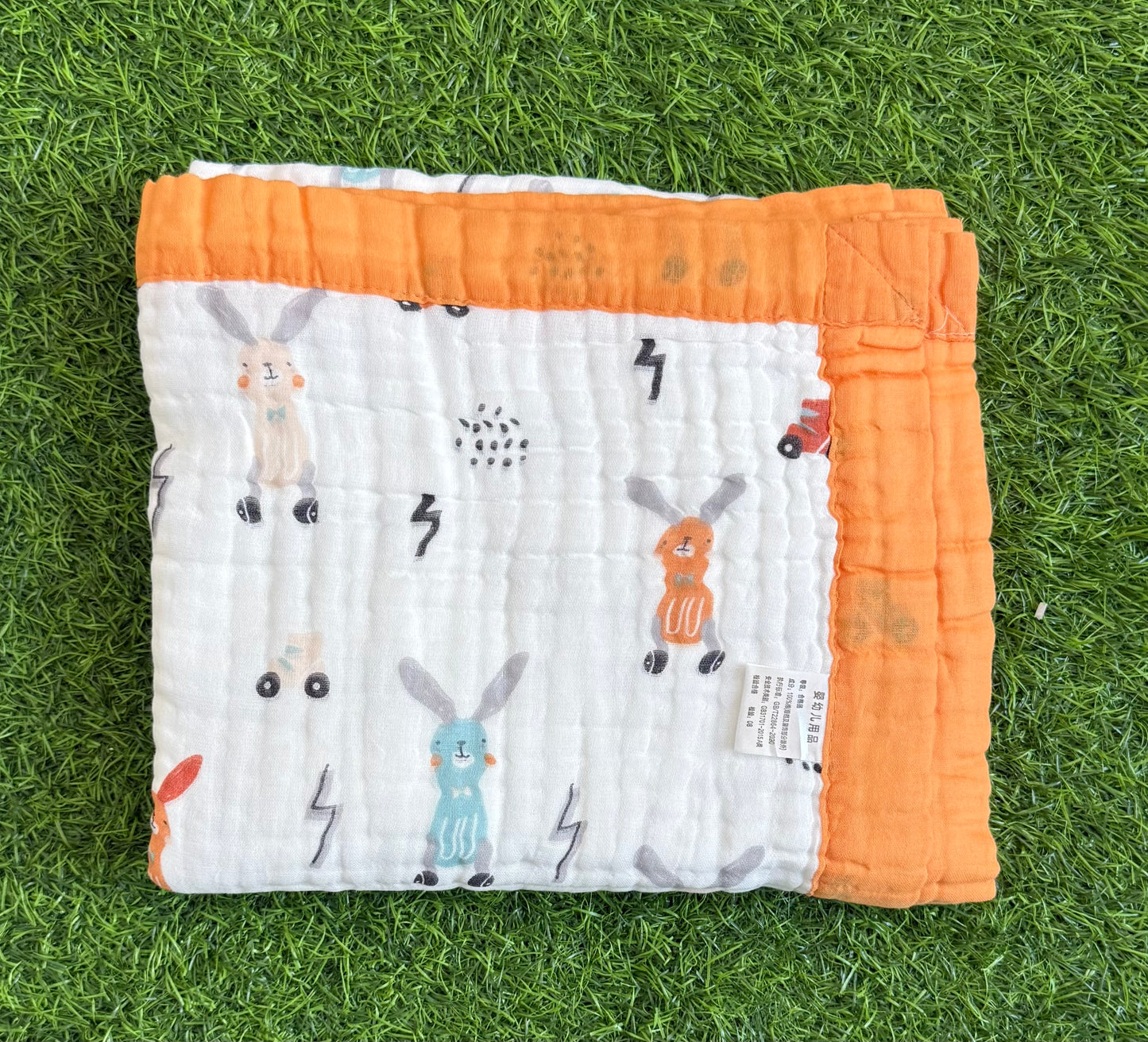 Muslin Receiving Blanket - Orange Border with Rabbit 100*100cm