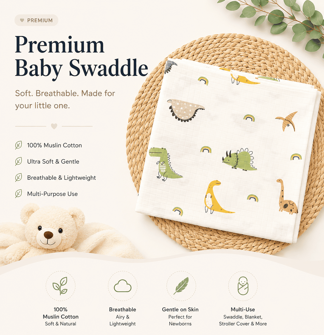 Premium Muslin Swaddle - Cream Colour Dinosaur