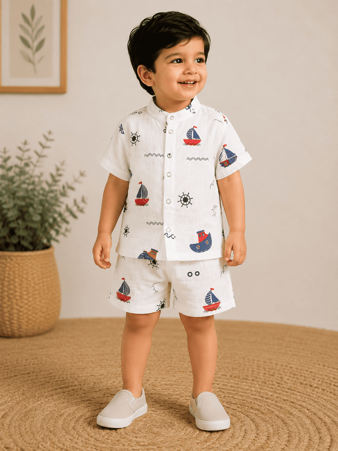 Premium Muslin Co-Ord Set - White Boat Print