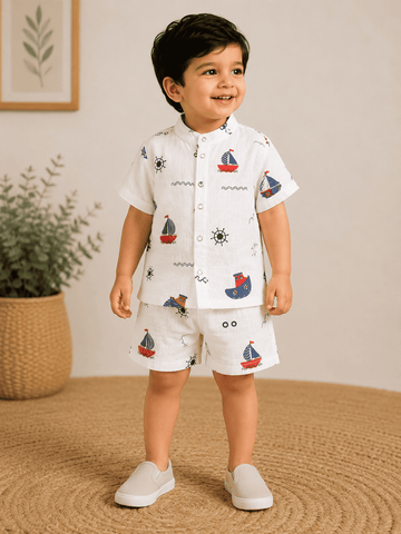 Premium Muslin Co-Ord Set - White Boat Print
