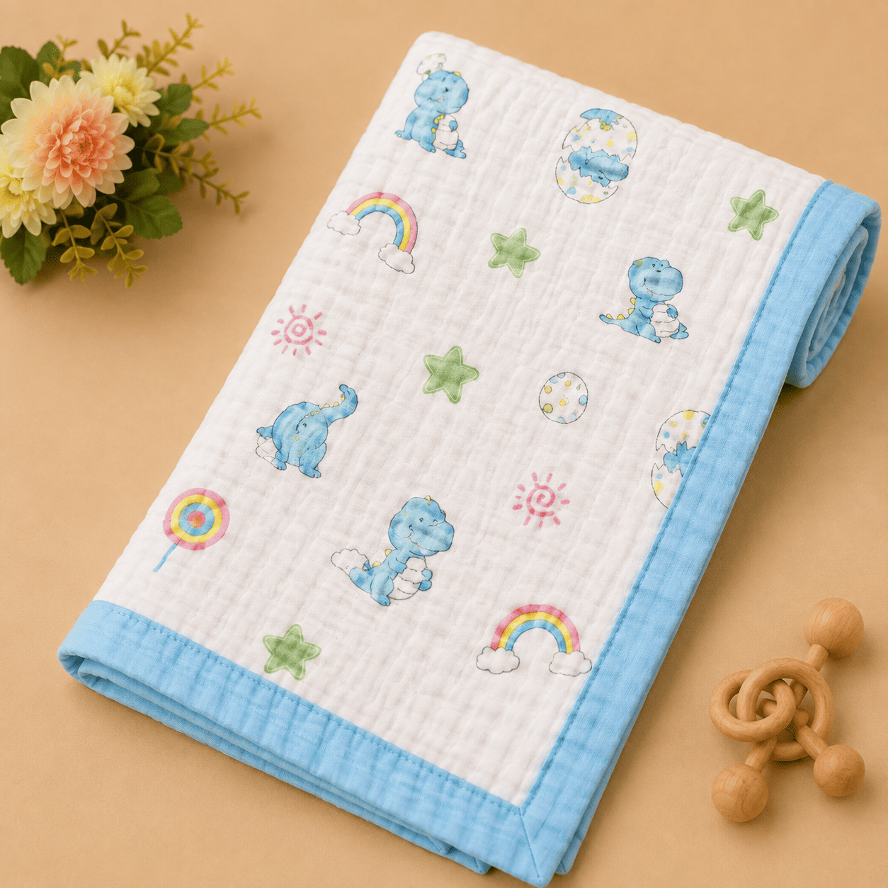 Muslin Receiving Blanket - Dino With Rainbow