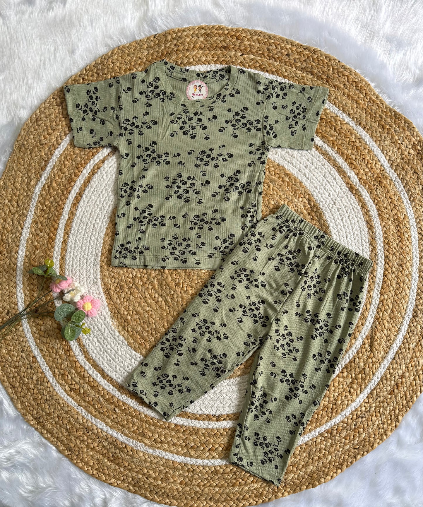 Half Sleeve Co-Ords Set - Green Flower Black