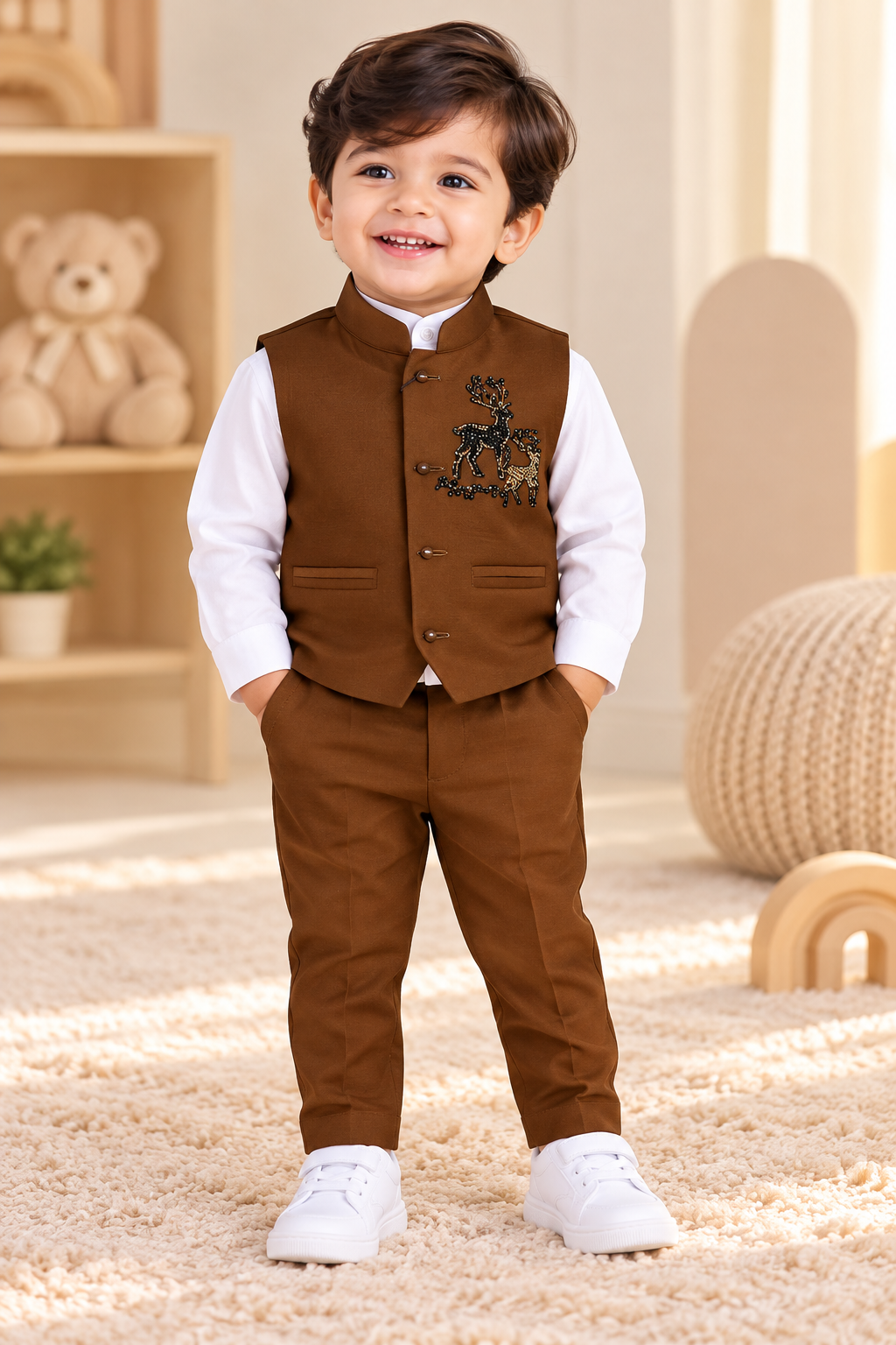 Premium 3-Piece Boys Coat Suit Set - Brown