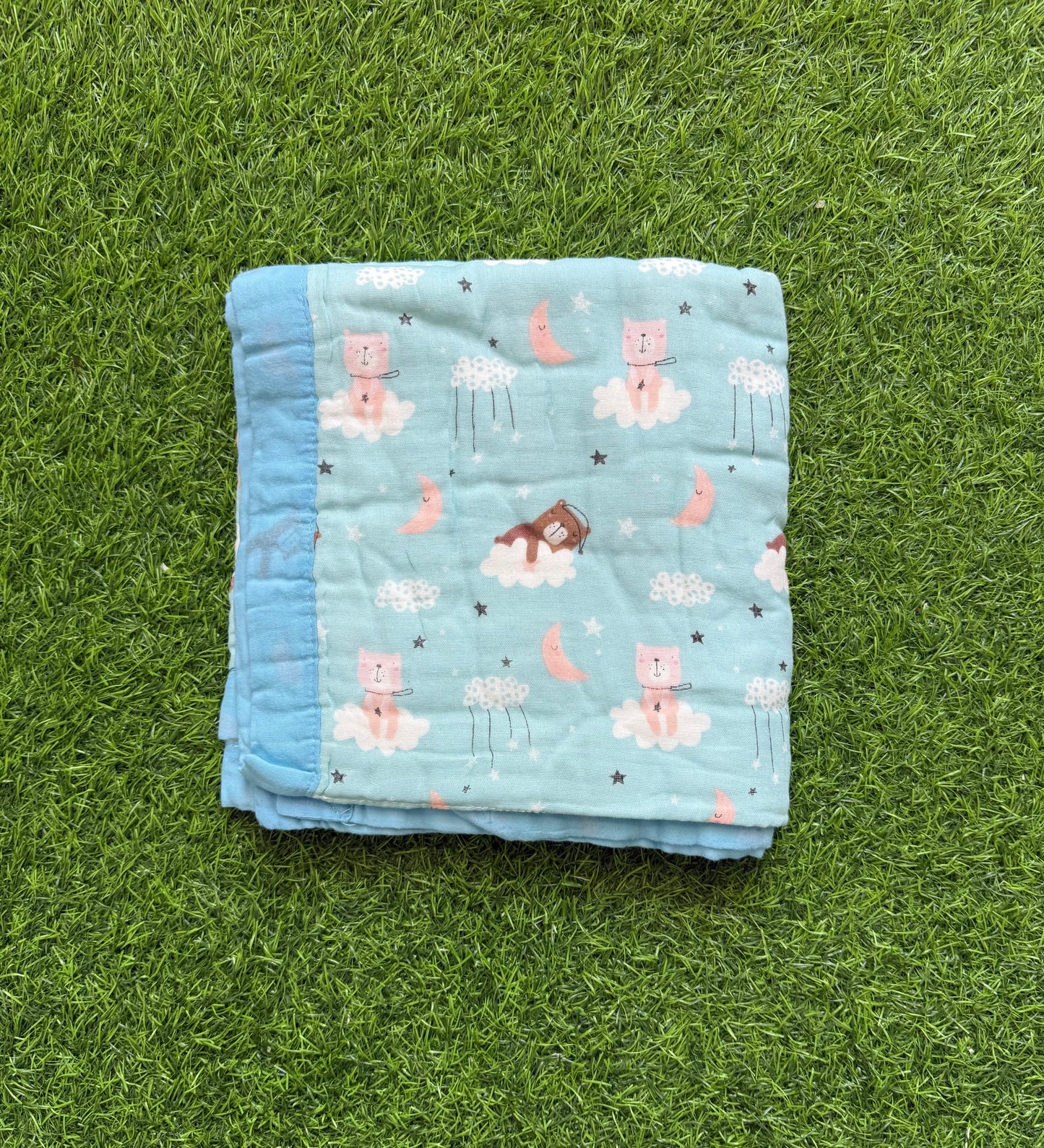 Muslin Receiving Blanket - Blue Border with Bear Sleeping on Cloud 110*110 cm